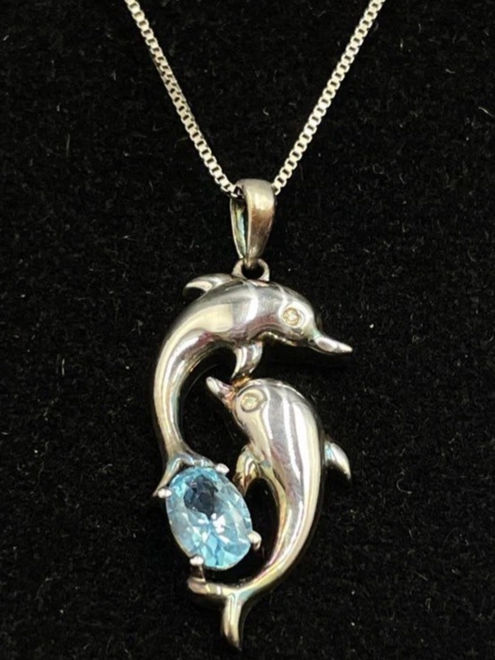 Tested 925 Silver Box Chain Necklace Dolphins Pendant Blue Topaz, Diamond Eyes